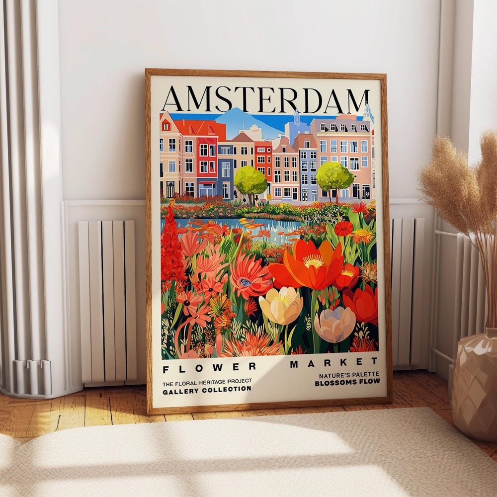 Amsterdam Flower Market Poster - Colorful Canal And Tulips Wall Art